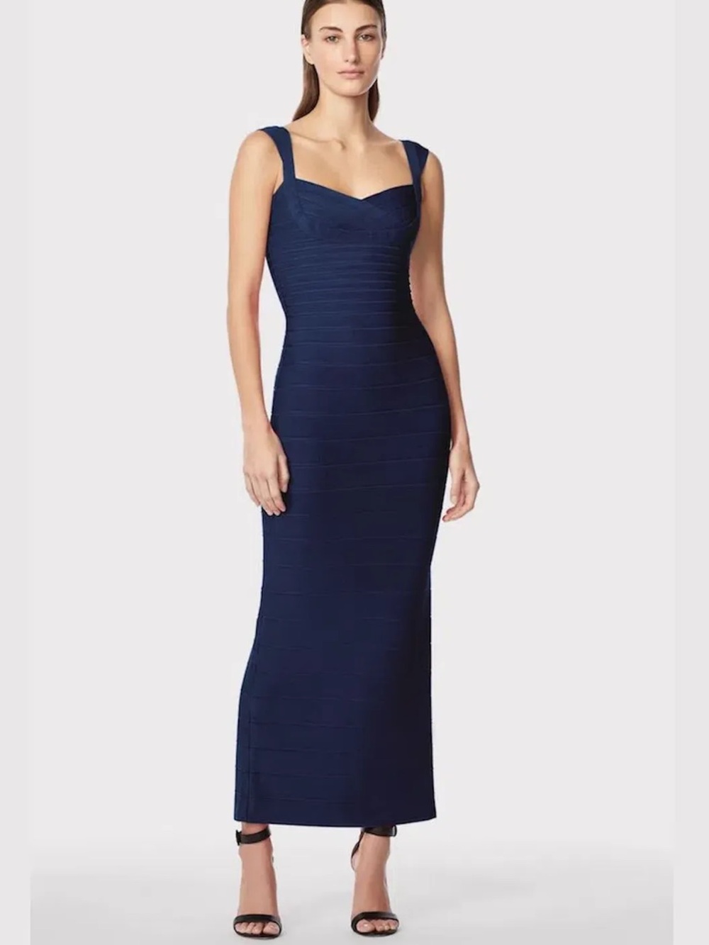 Herve Leger Navy Solid Sweetheart Neck Sleeveless Long Gown Dress Women’s Large